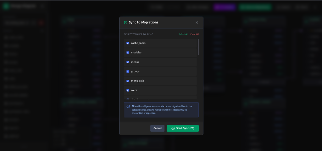 Selecting tables for export