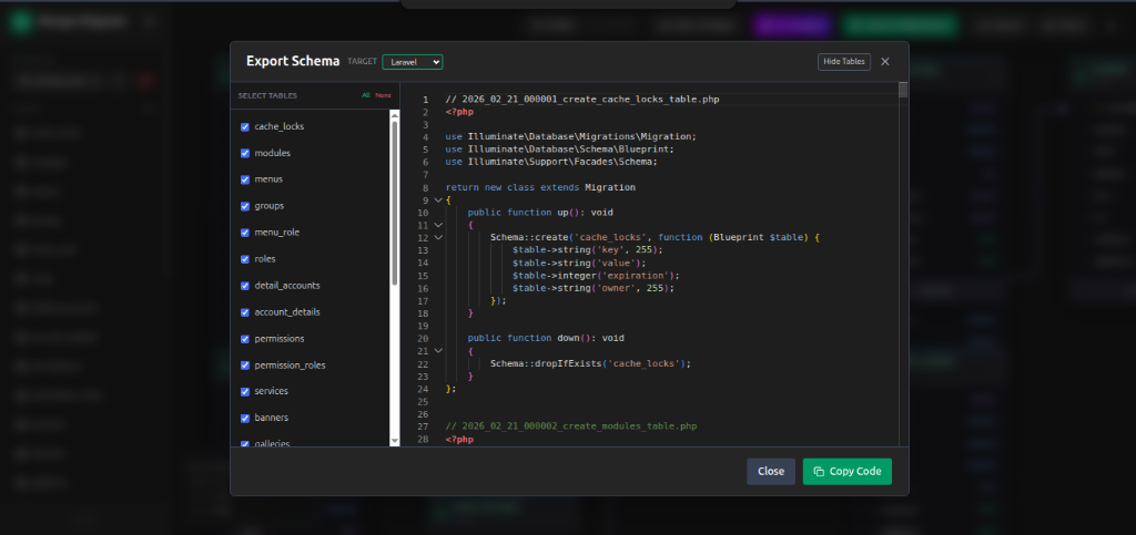 Generated migration code preview